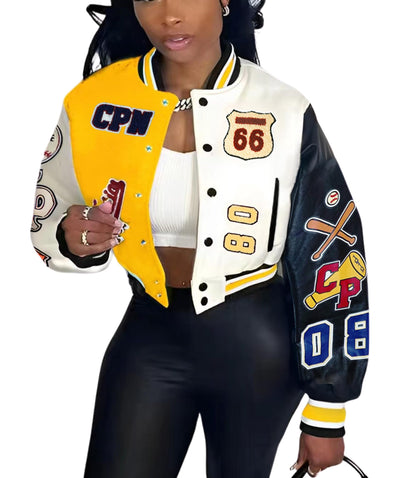 Glitrandi Varsity Jacket for Women Jacket with Patches Cropped Bomber Leather Jacket Woman Winter Spring 2025 S-XXL
