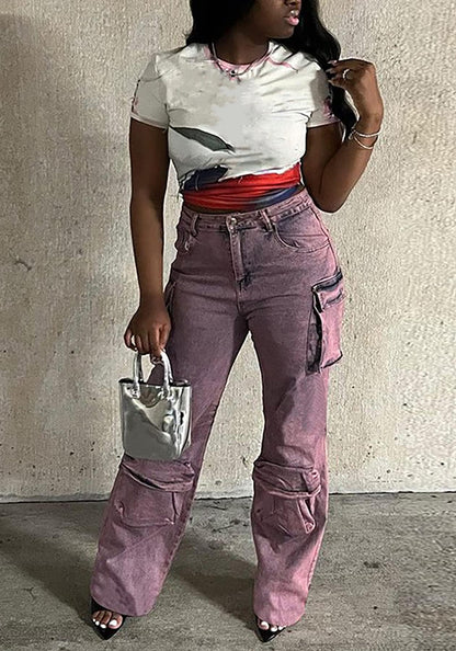 Women's Cargo Pants Y2K High Waist Baggy Jeans Flap Pocket Straight Leg Denim Pants Streetwear