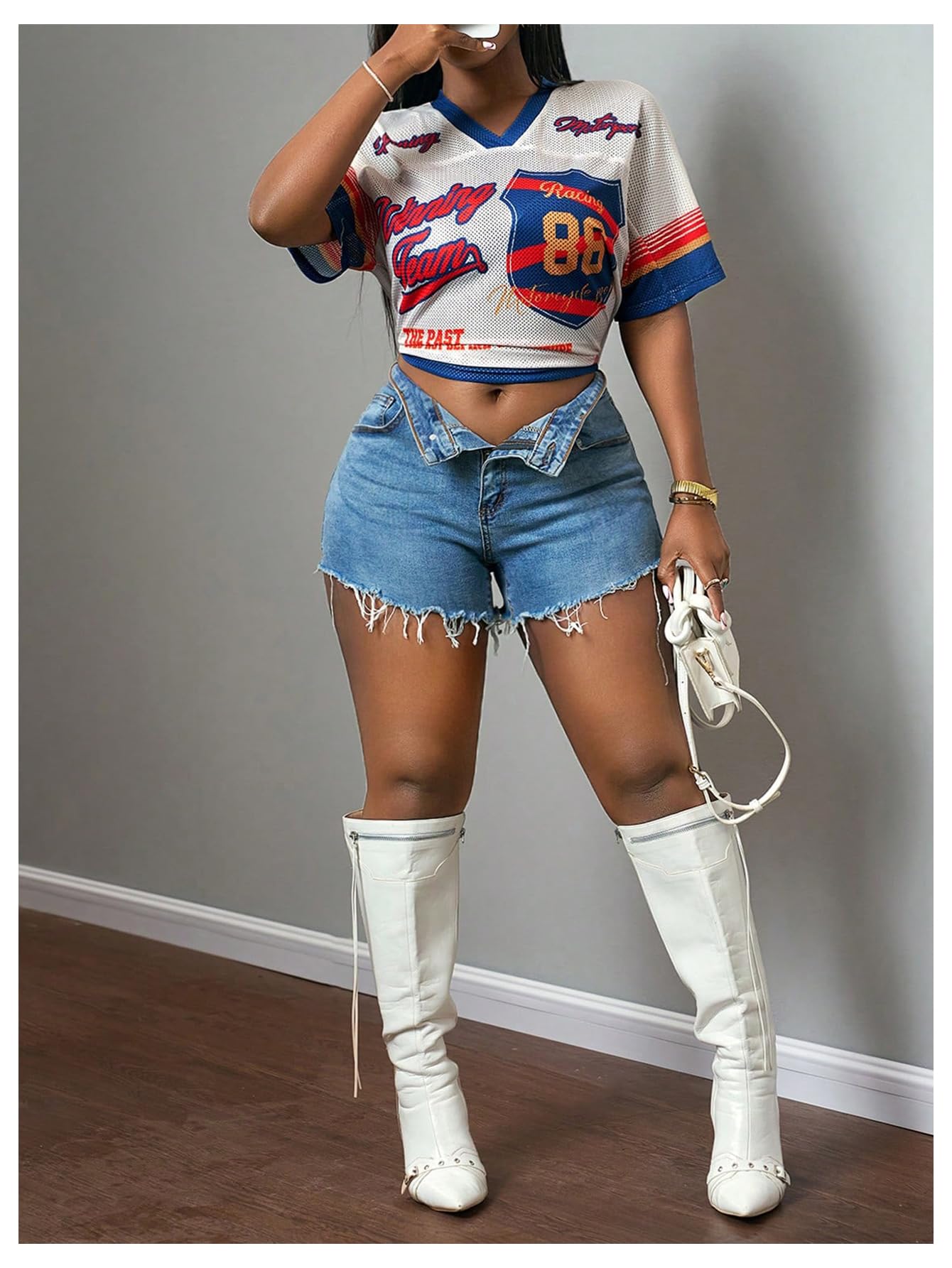 MakeMeChic Women's Jersey Shirts Number Graphic Oversized Y2K Tee Tops White Orange X-Small