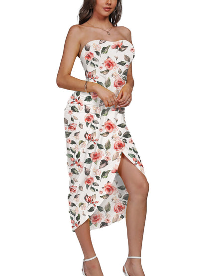 Umenlele Women's Strapless Ruched High Waist Wrap Split Asymmetrical Beach Maxi Long Dress White Floral#3 Small