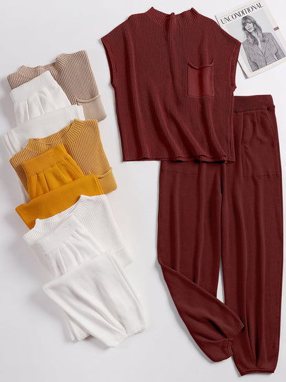 ANRABESS Women's Two Piece Outfits Knit Sweater Vest Crop Top Pants Lounge Matching Tracksuit Sweatsuit Travel Clothes Sets Pink X-Small