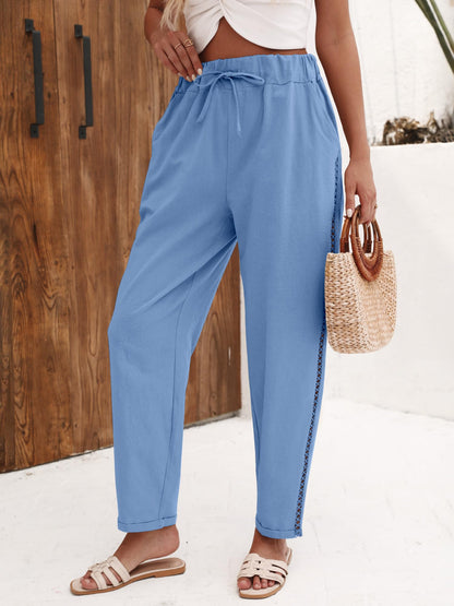 Puimentiua Women's Linen Capri Pants with Drawstring Petite Summer Beachwear Lightweight Elastic Waist Pants, Light Khaki, L