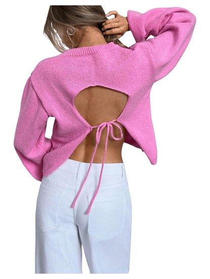 GORGLITTER Women's Bow Open Back Sweater Top Trendy Long Sleeve Backless Drop Shoulder Mock Neck Cable Knit Sweaters Beige Large