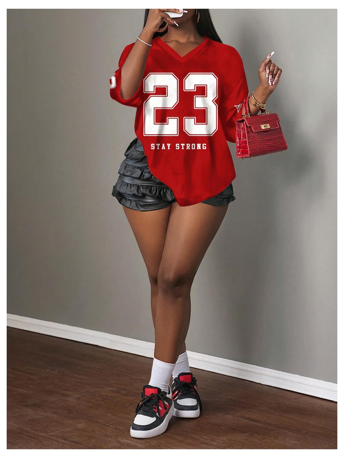 MakeMeChic Women's Jersey Shirts Number Graphic Oversized Y2K Tee Tops White Orange X-Small