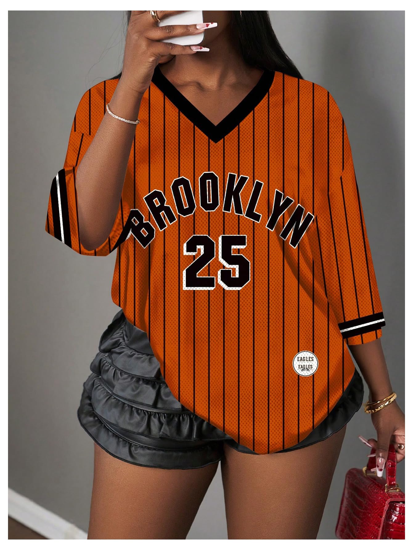 MakeMeChic Women's Jersey Shirts Number Graphic Oversized Y2K Tee Tops White Orange X-Small