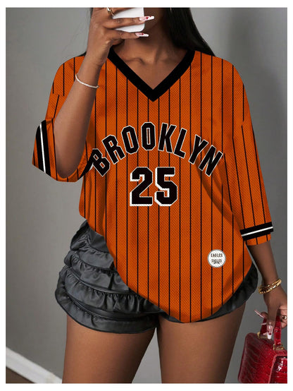MakeMeChic Women's Jersey Shirts Number Graphic Oversized Y2K Tee Tops White Orange X-Small