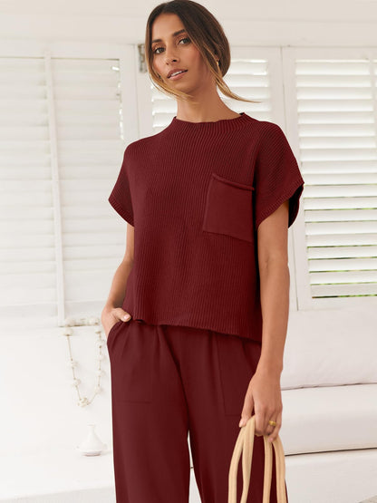 ANRABESS Women's Two Piece Outfits Knit Sweater Vest Crop Top Pants Lounge Matching Tracksuit Sweatsuit Travel Clothes Sets Pink X-Small