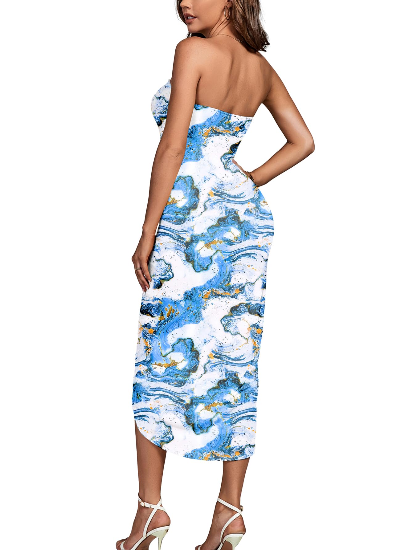 Umenlele Women's Strapless Ruched High Waist Wrap Split Asymmetrical Beach Maxi Long Dress White Floral#3 Small