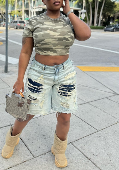 Women's Jean Shorts Distressed High Waist Straight Leg Denim Shorts Casual Cargo Jean Shorts with Pockets