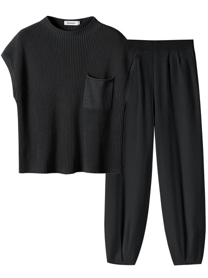 ANRABESS Women's Two Piece Outfits Knit Sweater Vest Crop Top Pants Lounge Matching Tracksuit Sweatsuit Travel Clothes Sets Pink X-Small