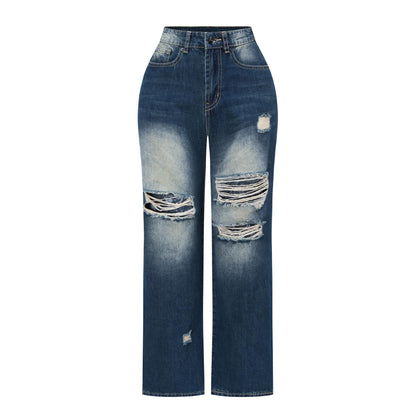 THUNDER STAR Womens High Waisted Wide Leg Jeans Stretchy Distressed Denim Pants Light Blue XXL
