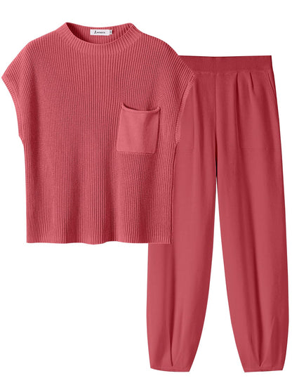 ANRABESS Women's Two Piece Outfits Knit Sweater Vest Crop Top Pants Lounge Matching Tracksuit Sweatsuit Travel Clothes Sets Pink X-Small