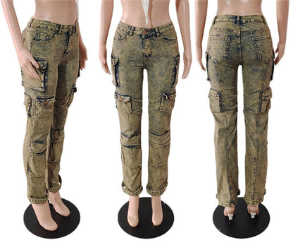 Women's Cargo Pants Y2K High Waist Baggy Jeans Flap Pocket Straight Leg Denim Pants Streetwear