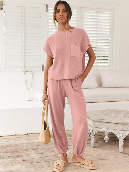 ANRABESS Women's Two Piece Outfits Knit Sweater Vest Crop Top Pants Lounge Matching Tracksuit Sweatsuit Travel Clothes Sets Pink X-Small