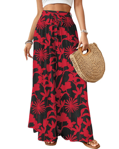 Bsubseach Wide Leg Pants Woman Flowy Floral Palazzo Pants for Women High Waisted Summer Casual Trousers Cruise Outfits Dark Green XS