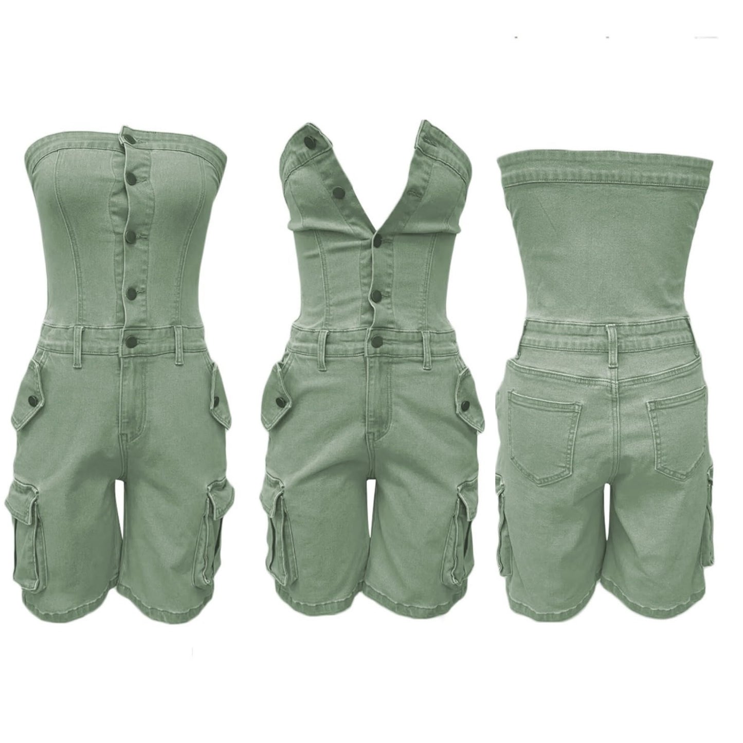 Unybwonn Women's Sexy off Shoulder Tube Denim Cargo Jumpsuits Corset Y2k Jean Shorts Rompers Overalls