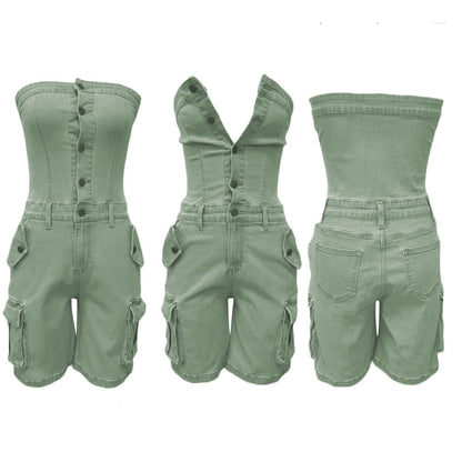 Unybwonn Women's Sexy off Shoulder Tube Denim Cargo Jumpsuits Corset Y2k Jean Shorts Rompers Overalls