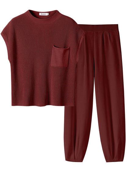 ANRABESS Women's Two Piece Outfits Knit Sweater Vest Crop Top Pants Lounge Matching Tracksuit Sweatsuit Travel Clothes Sets Pink X-Small