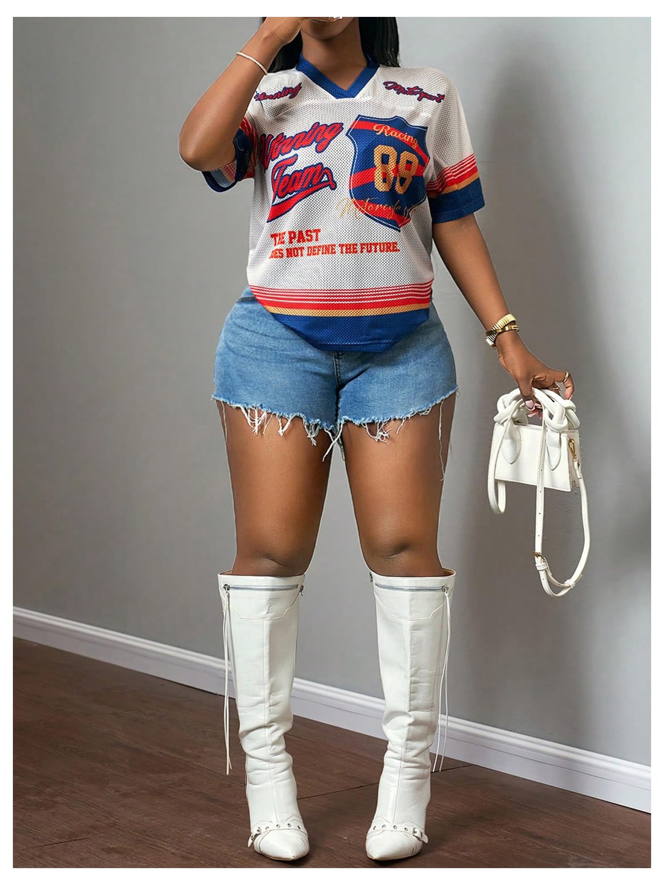 MakeMeChic Women's Jersey Shirts Number Graphic Oversized Y2K Tee Tops White Orange X-Small