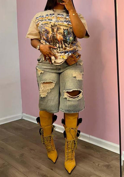 Women's Jean Shorts Distressed High Waist Straight Leg Denim Shorts Casual Cargo Jean Shorts with Pockets