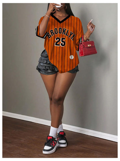 MakeMeChic Women's Jersey Shirts Number Graphic Oversized Y2K Tee Tops White Orange X-Small