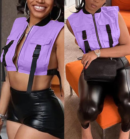 Bnigung Women's Sexy Crop Cargo Vest Sleeveless Buckle Zip Up Vest Jacket Tops Steampunk Streetwear with Pockets(Khaki,XL)