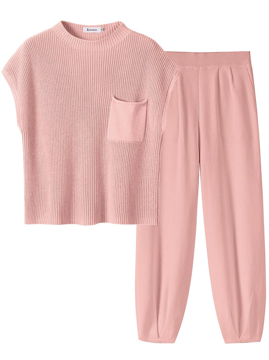 ANRABESS Women's Two Piece Outfits Knit Sweater Vest Crop Top Pants Lounge Matching Tracksuit Sweatsuit Travel Clothes Sets Pink X-Small