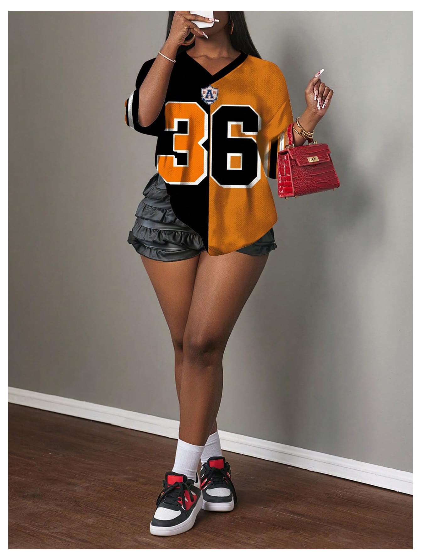 MakeMeChic Women's Jersey Shirts Number Graphic Oversized Y2K Tee Tops White Orange X-Small