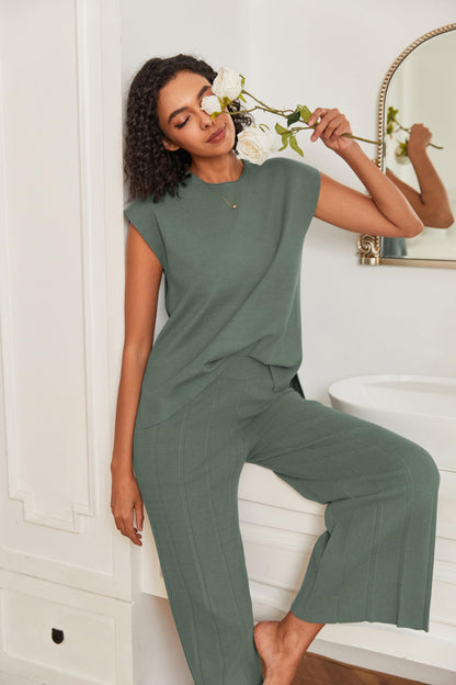 Ekouaer Lounge Sets for Women Two Piece Outfits Knit Cap Sleeve Tops Wide Leg Pleated Pants Casual Dressy Sweater Sets Beige