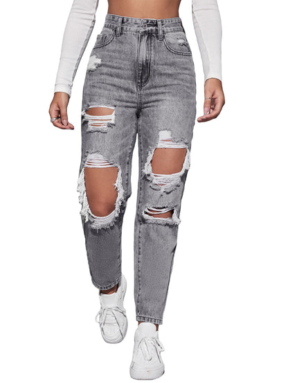 Floerns Women's High Waist Boyfriend Straight Leg Ripped Jeans Distressed Denim Pants Light Blue Large