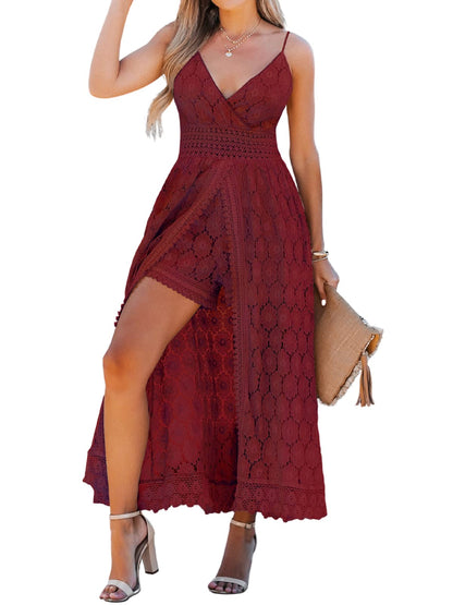 CUPSHE Women's Summer Women Slip Ruching Smocking Jumpsuit Dress V Neck Speghetti Straps Backless Maxi High Low