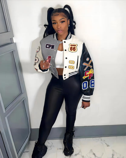 Glitrandi Varsity Jacket for Women Jacket with Patches Cropped Bomber Leather Jacket Woman Winter Spring 2025 S-XXL