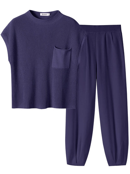 ANRABESS Women's Two Piece Outfits Knit Sweater Vest Crop Top Pants Lounge Matching Tracksuit Sweatsuit Travel Clothes Sets Pink X-Small