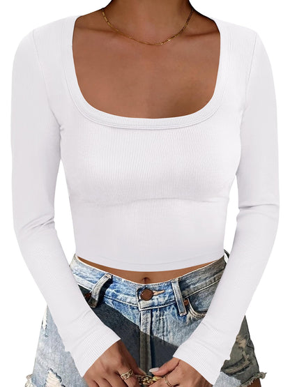 ANRABESS Women's Long Sleeve Crop Top Square Neck Ribbed Slim Fitted Shirts Casual Workout Basic Tees 2025 Fall Y2k Clothes Khaki Small