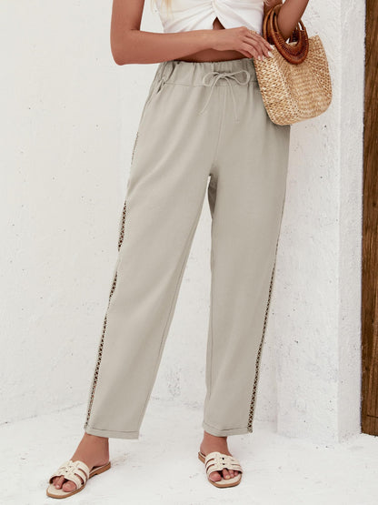Puimentiua Women's Linen Capri Pants with Drawstring Petite Summer Beachwear Lightweight Elastic Waist Pants, Light Khaki, L