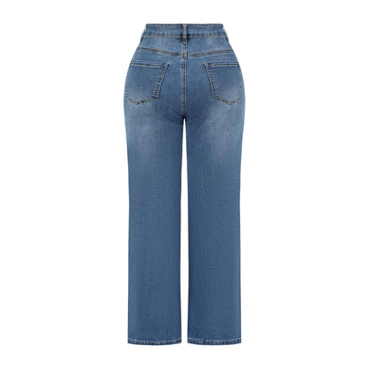 THUNDER STAR Womens High Waisted Wide Leg Jeans Stretchy Distressed Denim Pants Light Blue XXL