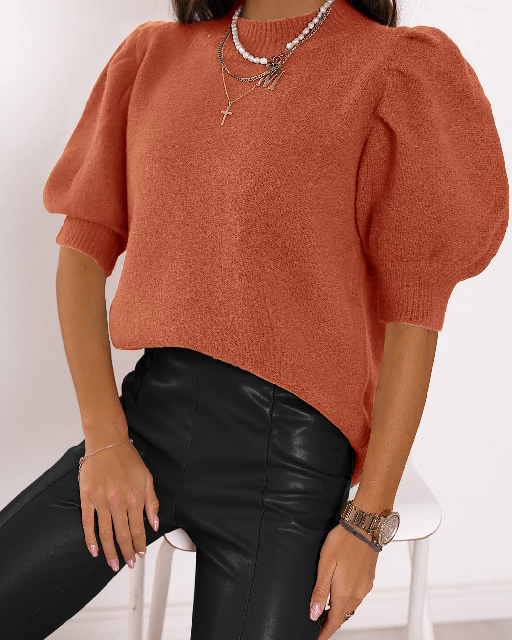 Women's Puff Short Sleeve Sweater Tops 2025 Spring Summer Trendy Crew Neck Casual T Shirts Blouses Beige