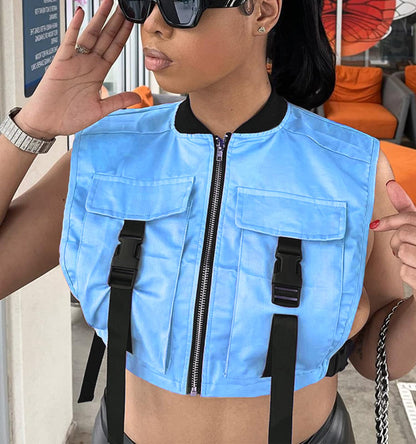 Bnigung Women's Sexy Crop Cargo Vest Sleeveless Buckle Zip Up Vest Jacket Tops Steampunk Streetwear with Pockets(Khaki,XL)