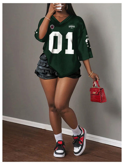 MakeMeChic Women's Jersey Shirts Number Graphic Oversized Y2K Tee Tops White Orange X-Small