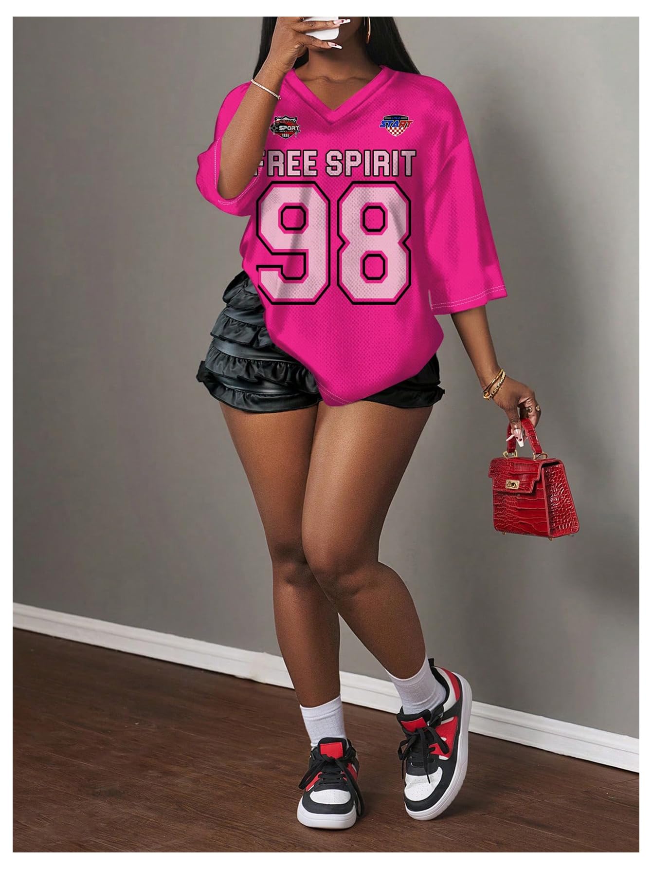 MakeMeChic Women's Jersey Shirts Number Graphic Oversized Y2K Tee Tops White Orange X-Small