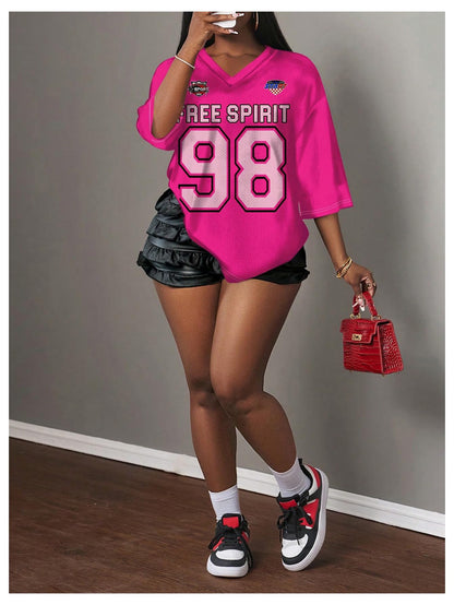 MakeMeChic Women's Jersey Shirts Number Graphic Oversized Y2K Tee Tops White Orange X-Small