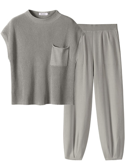 ANRABESS Women's Two Piece Outfits Knit Sweater Vest Crop Top Pants Lounge Matching Tracksuit Sweatsuit Travel Clothes Sets Pink X-Small