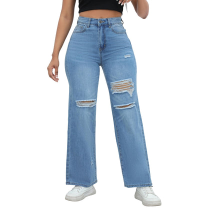 THUNDER STAR Womens High Waisted Wide Leg Jeans Stretchy Distressed Denim Pants Light Blue XXL