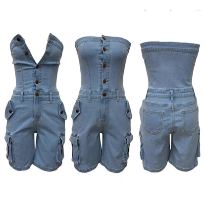 Unybwonn Women's Sexy off Shoulder Tube Denim Cargo Jumpsuits Corset Y2k Jean Shorts Rompers Overalls