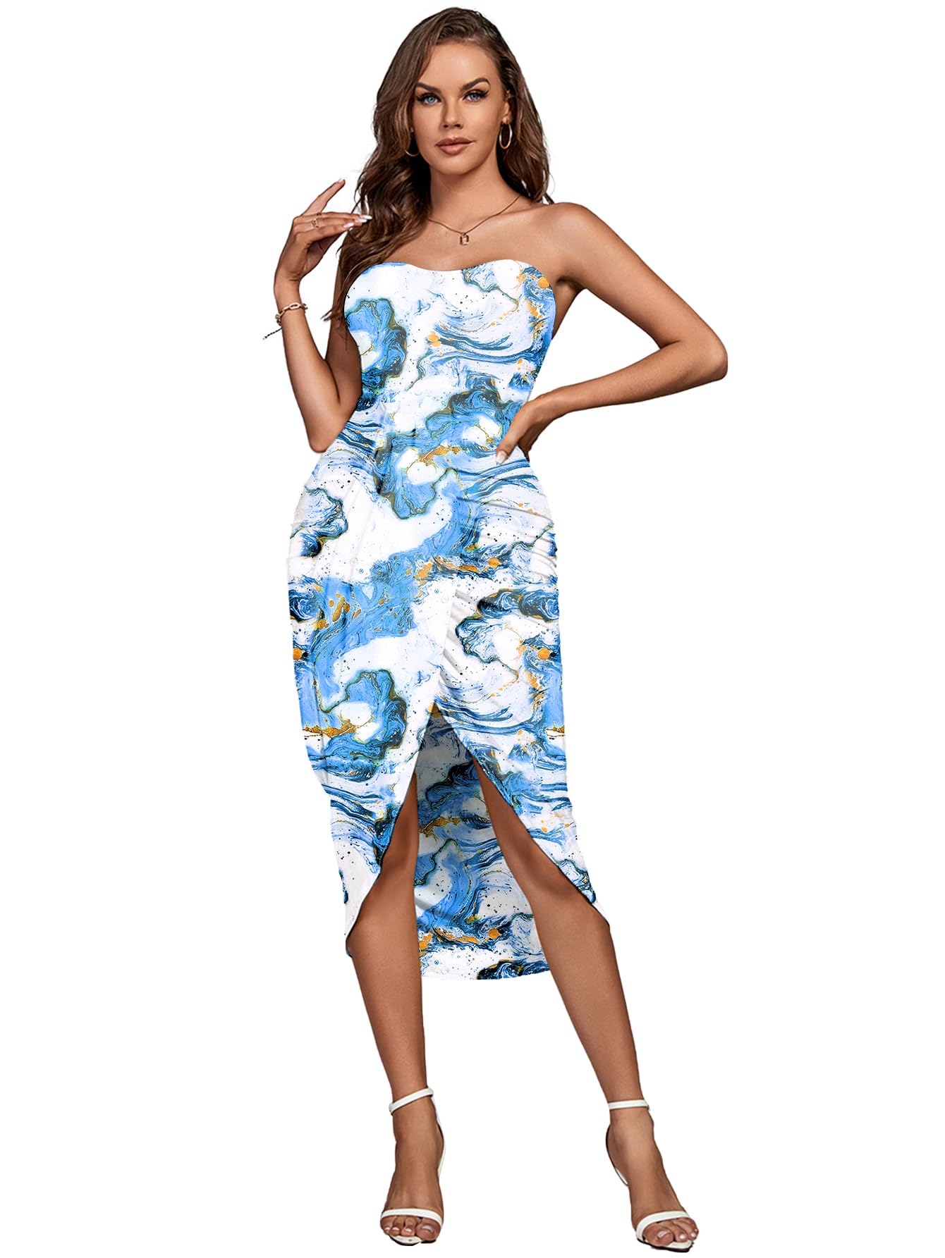Umenlele Women's Strapless Ruched High Waist Wrap Split Asymmetrical Beach Maxi Long Dress White Floral#3 Small