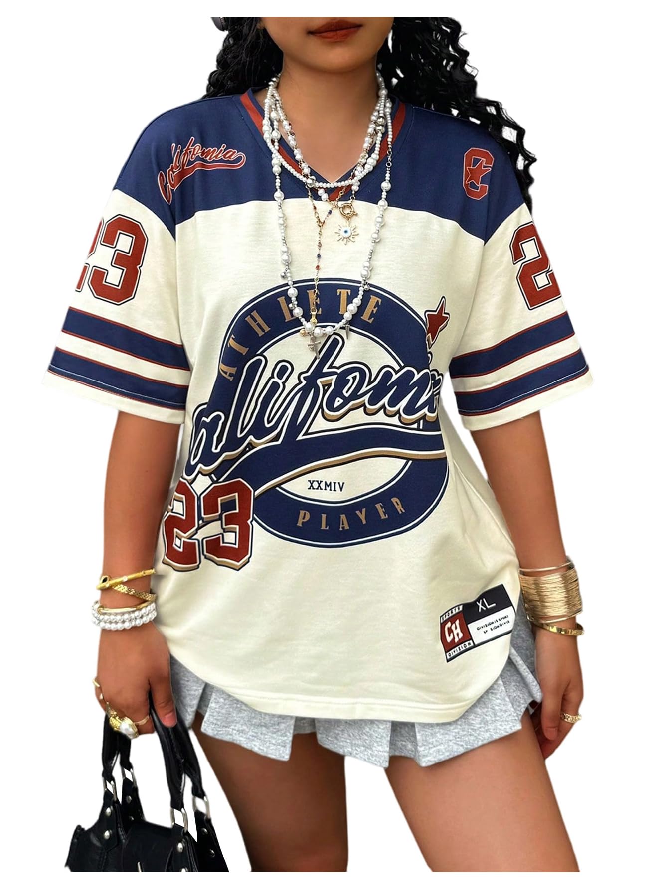 MakeMeChic Women's Jersey Shirts Number Graphic Oversized Y2K Tee Tops White Orange X-Small