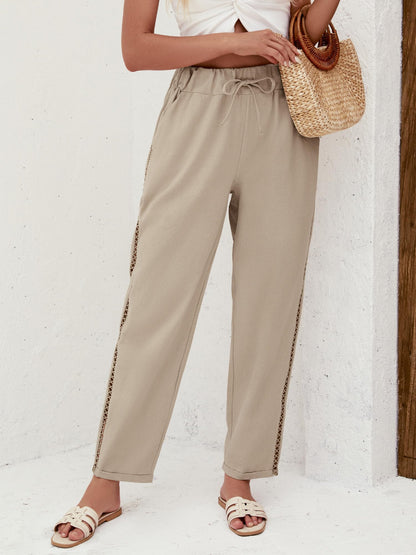 Puimentiua Women's Linen Capri Pants with Drawstring Petite Summer Beachwear Lightweight Elastic Waist Pants, Light Khaki, L