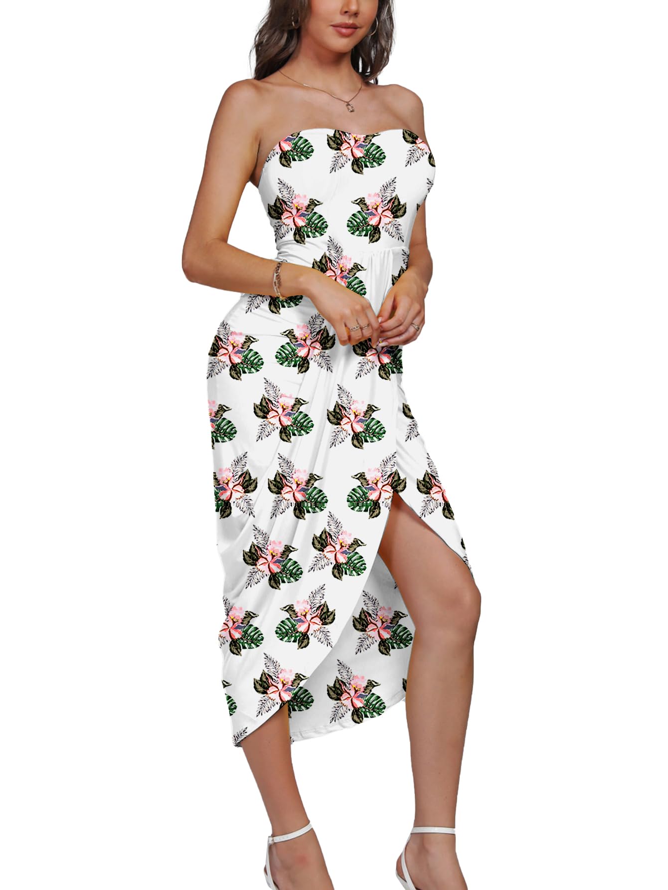 Umenlele Women's Strapless Ruched High Waist Wrap Split Asymmetrical Beach Maxi Long Dress White Floral#3 Small