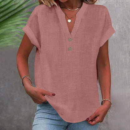 Big Spring Deals Summer Tops for Women 2025 Trendy Short Sleeve Cotton Linen Shirt Casual Button v Neck Tunic Blouses Outfits White Travel Shirts for Women M
