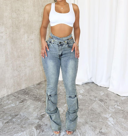 Vakkest Sexy High Waisted Skinny Jeans for Women Bodycon Crossover Stretchy Denim Cargo Pants Streetwear with Pockets